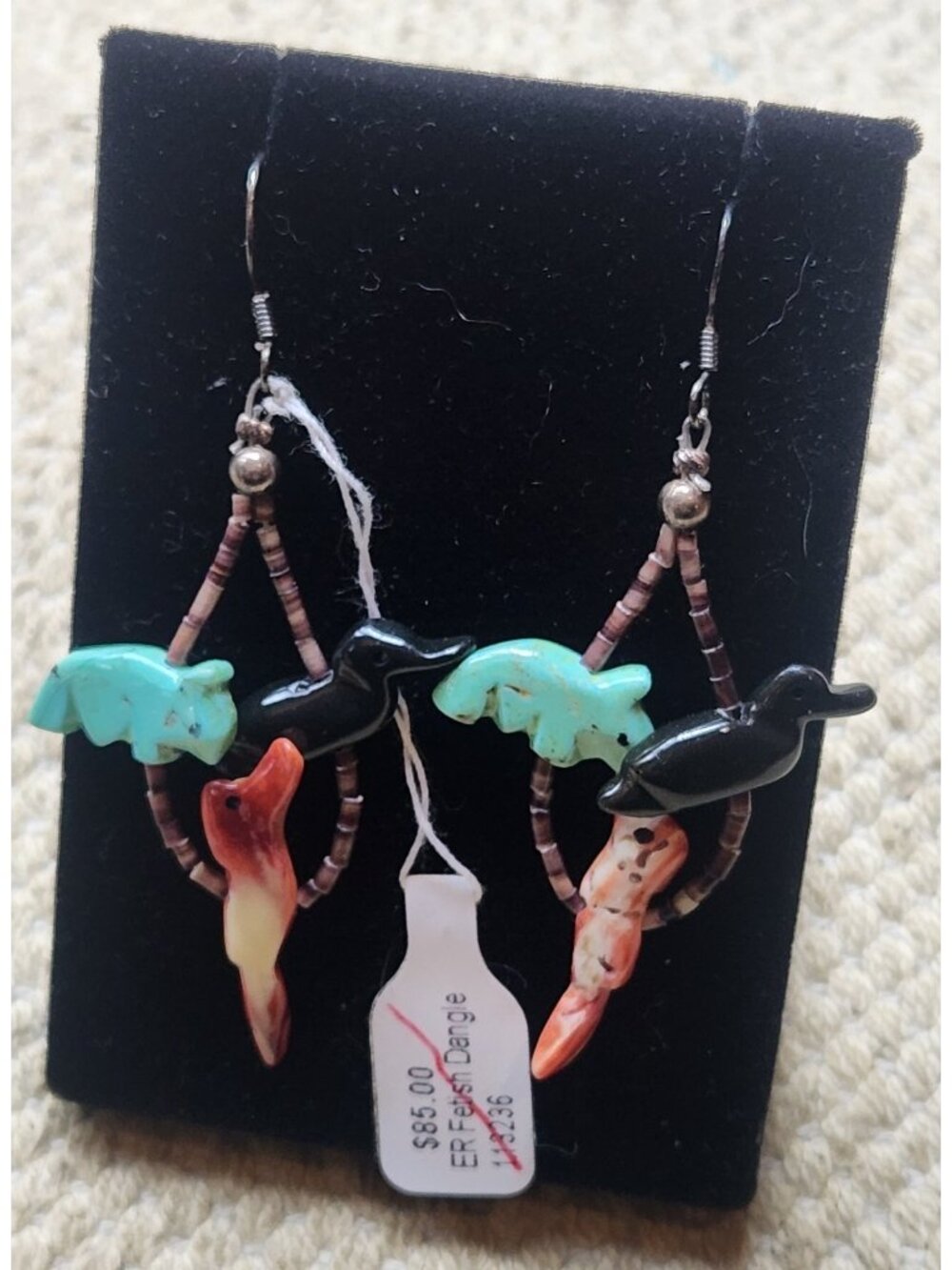 Southwestern Sterling Silver Animal Fetish Turquoise Coral Jet Dangle Earrings